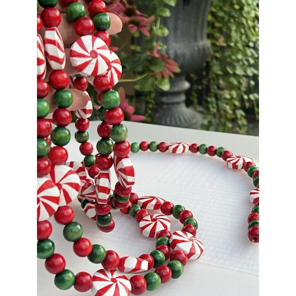 Vintage 8 Ft Wooden Christmas Garland Hand Painted Peppermint Candy Beads